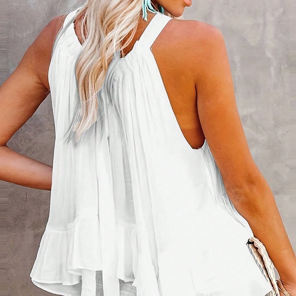 White Boho Women's Solid Ruffle Hem Halter Top - Picture 2 of 3